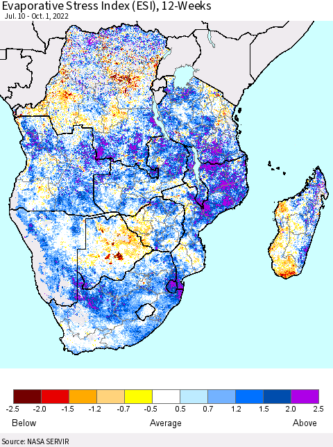 Southern Africa Evaporative Stress Index (ESI), 12-Weeks Thematic Map For 9/26/2022 - 10/2/2022