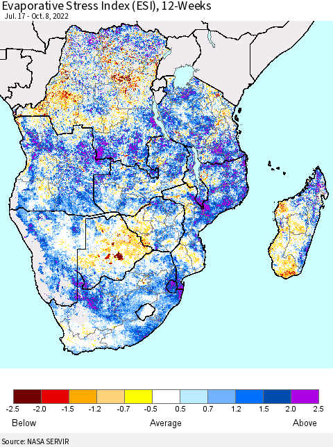 Southern Africa Evaporative Stress Index (ESI), 12-Weeks Thematic Map For 10/3/2022 - 10/9/2022