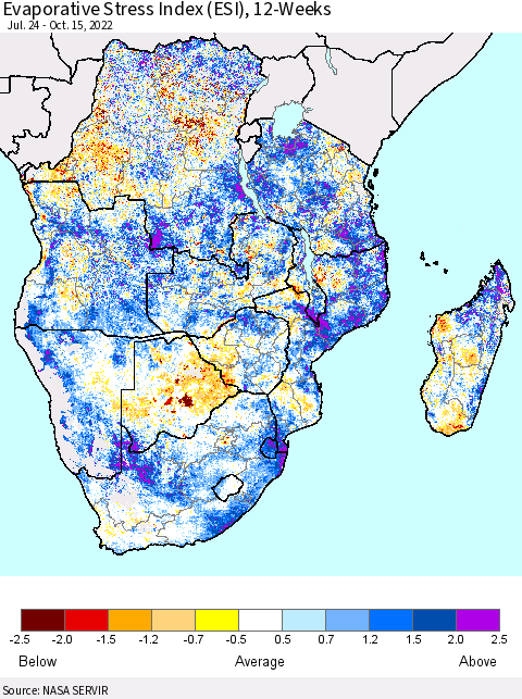 Southern Africa Evaporative Stress Index (ESI), 12-Weeks Thematic Map For 10/10/2022 - 10/16/2022
