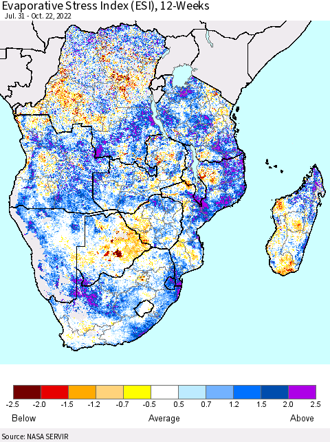 Southern Africa Evaporative Stress Index (ESI), 12-Weeks Thematic Map For 10/17/2022 - 10/23/2022