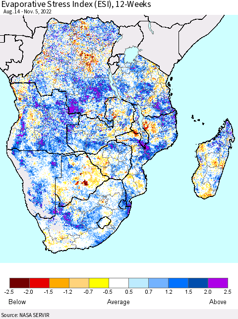Southern Africa Evaporative Stress Index (ESI), 12-Weeks Thematic Map For 10/31/2022 - 11/6/2022