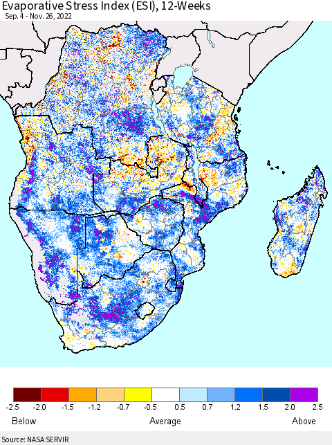 Southern Africa Evaporative Stress Index (ESI), 12-Weeks Thematic Map For 11/21/2022 - 11/27/2022