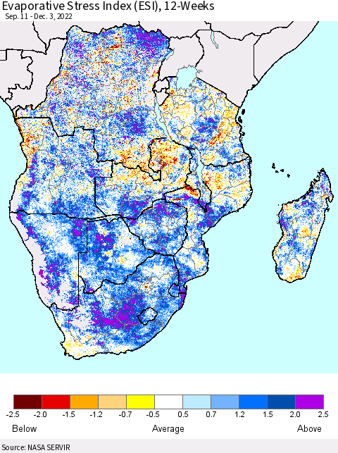 Southern Africa Evaporative Stress Index (ESI), 12-Weeks Thematic Map For 11/28/2022 - 12/4/2022