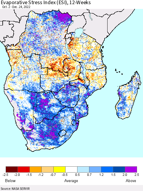 Southern Africa Evaporative Stress Index (ESI), 12-Weeks Thematic Map For 12/19/2022 - 12/25/2022