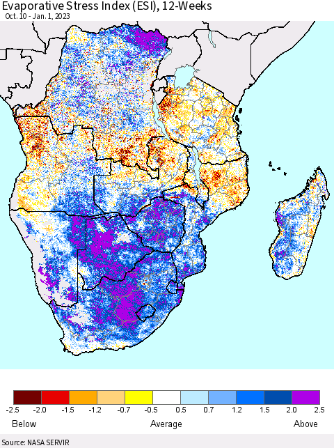 Southern Africa Evaporative Stress Index (ESI), 12-Weeks Thematic Map For 12/26/2022 - 1/1/2023