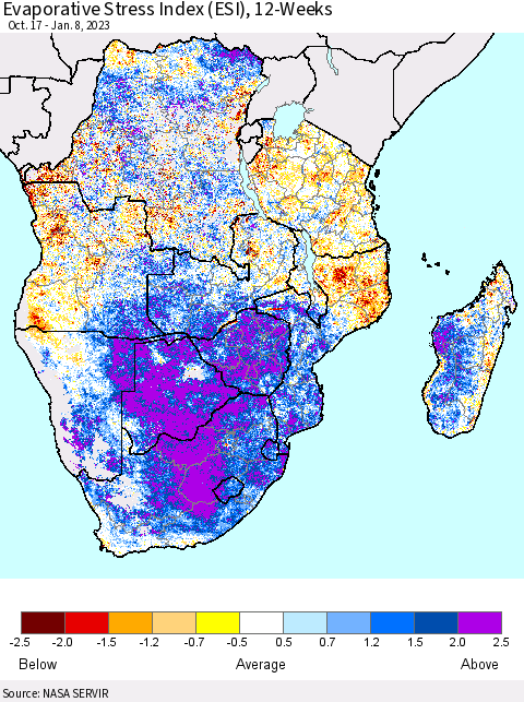Southern Africa Evaporative Stress Index (ESI), 12-Weeks Thematic Map For 1/2/2023 - 1/8/2023