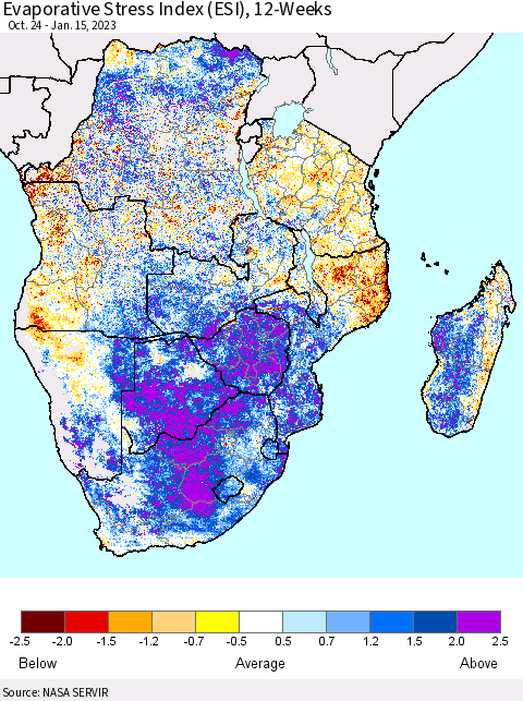 Southern Africa Evaporative Stress Index (ESI), 12-Weeks Thematic Map For 1/9/2023 - 1/15/2023