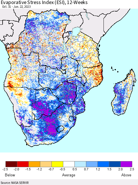 Southern Africa Evaporative Stress Index (ESI), 12-Weeks Thematic Map For 1/16/2023 - 1/22/2023