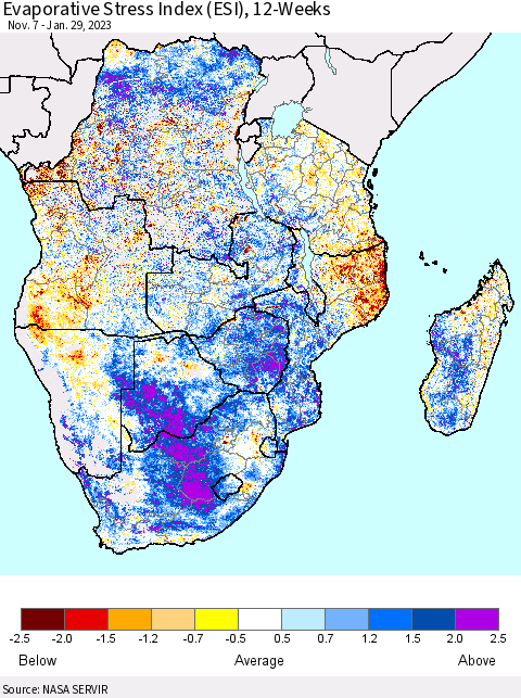 Southern Africa Evaporative Stress Index (ESI), 12-Weeks Thematic Map For 1/23/2023 - 1/29/2023