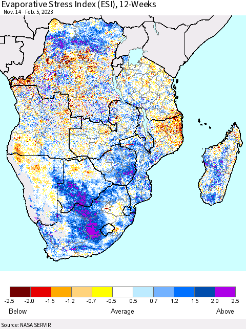 Southern Africa Evaporative Stress Index (ESI), 12-Weeks Thematic Map For 1/30/2023 - 2/5/2023