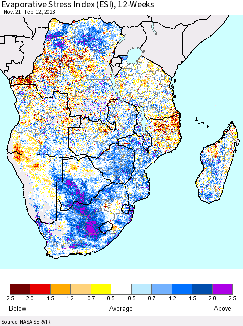 Southern Africa Evaporative Stress Index (ESI), 12-Weeks Thematic Map For 2/6/2023 - 2/12/2023