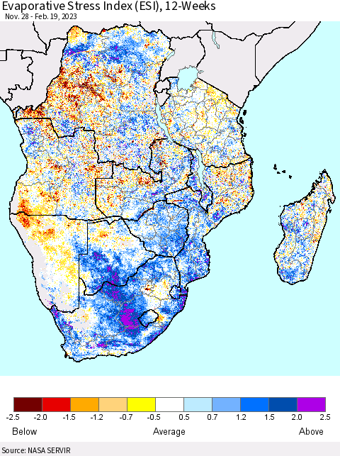 Southern Africa Evaporative Stress Index (ESI), 12-Weeks Thematic Map For 2/13/2023 - 2/19/2023