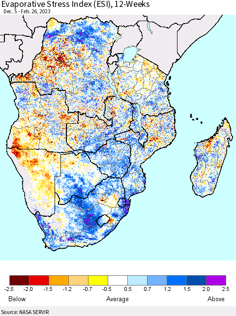 Southern Africa Evaporative Stress Index (ESI), 12-Weeks Thematic Map For 2/20/2023 - 2/26/2023