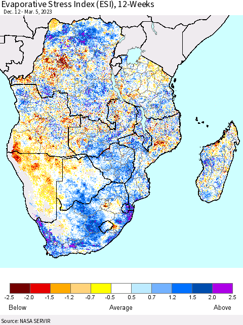 Southern Africa Evaporative Stress Index (ESI), 12-Weeks Thematic Map For 2/27/2023 - 3/5/2023