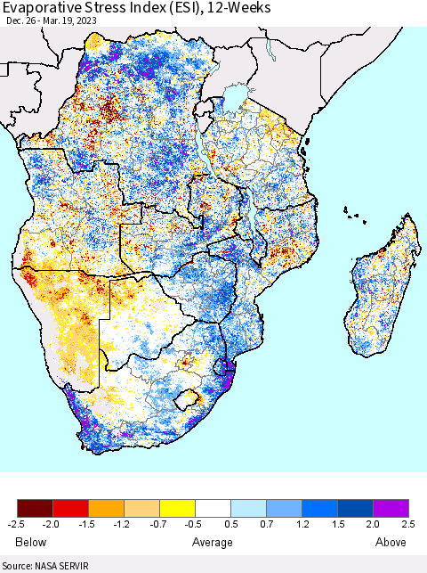 Southern Africa Evaporative Stress Index (ESI), 12-Weeks Thematic Map For 3/13/2023 - 3/19/2023