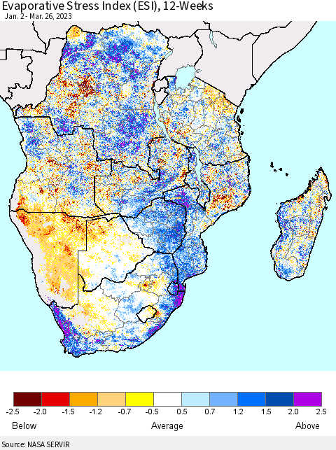 Southern Africa Evaporative Stress Index (ESI), 12-Weeks Thematic Map For 3/20/2023 - 3/26/2023