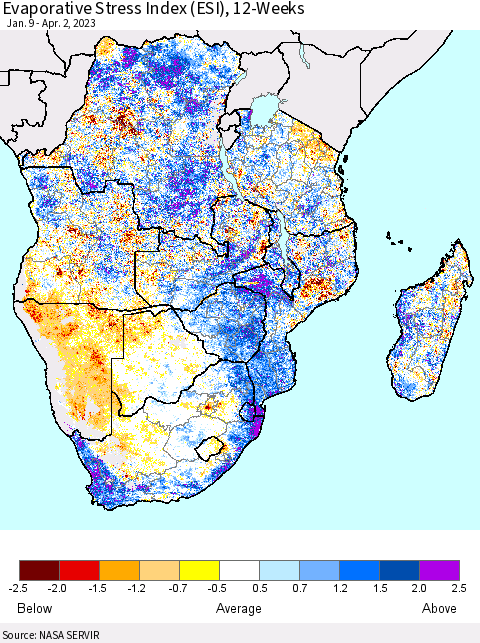 Southern Africa Evaporative Stress Index (ESI), 12-Weeks Thematic Map For 3/27/2023 - 4/2/2023