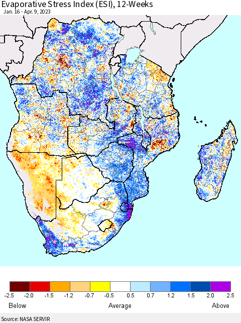 Southern Africa Evaporative Stress Index (ESI), 12-Weeks Thematic Map For 4/3/2023 - 4/9/2023