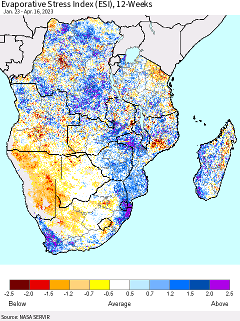 Southern Africa Evaporative Stress Index (ESI), 12-Weeks Thematic Map For 4/10/2023 - 4/16/2023