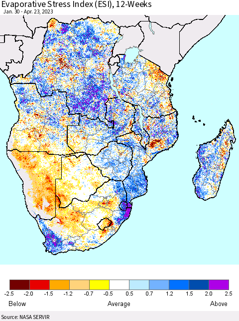 Southern Africa Evaporative Stress Index (ESI), 12-Weeks Thematic Map For 4/17/2023 - 4/23/2023