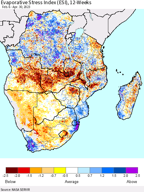 Southern Africa Evaporative Stress Index (ESI), 12-Weeks Thematic Map For 4/24/2023 - 4/30/2023
