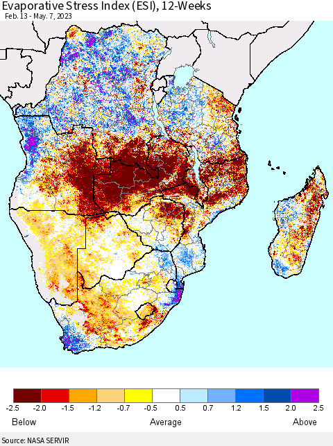 Southern Africa Evaporative Stress Index (ESI), 12-Weeks Thematic Map For 5/1/2023 - 5/7/2023