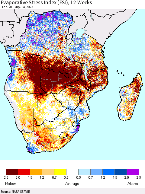 Southern Africa Evaporative Stress Index (ESI), 12-Weeks Thematic Map For 5/8/2023 - 5/14/2023