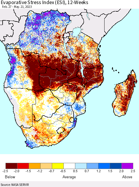 Southern Africa Evaporative Stress Index (ESI), 12-Weeks Thematic Map For 5/15/2023 - 5/21/2023