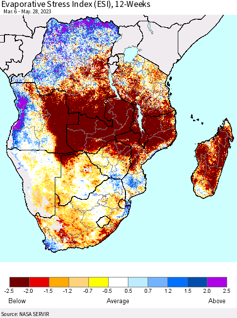 Southern Africa Evaporative Stress Index (ESI), 12-Weeks Thematic Map For 5/22/2023 - 5/28/2023