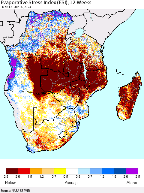 Southern Africa Evaporative Stress Index (ESI), 12-Weeks Thematic Map For 5/29/2023 - 6/4/2023