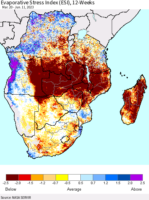 Southern Africa Evaporative Stress Index (ESI), 12-Weeks Thematic Map For 6/5/2023 - 6/11/2023