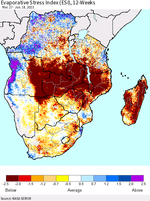 Southern Africa Evaporative Stress Index (ESI), 12-Weeks Thematic Map For 6/12/2023 - 6/18/2023