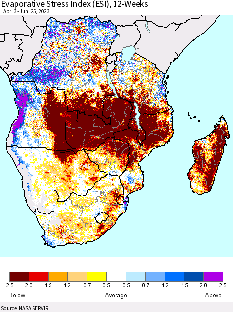 Southern Africa Evaporative Stress Index (ESI), 12-Weeks Thematic Map For 6/19/2023 - 6/25/2023