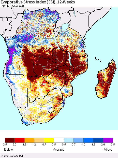 Southern Africa Evaporative Stress Index (ESI), 12-Weeks Thematic Map For 6/26/2023 - 7/2/2023