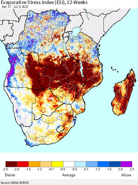 Southern Africa Evaporative Stress Index (ESI), 12-Weeks Thematic Map For 7/3/2023 - 7/9/2023