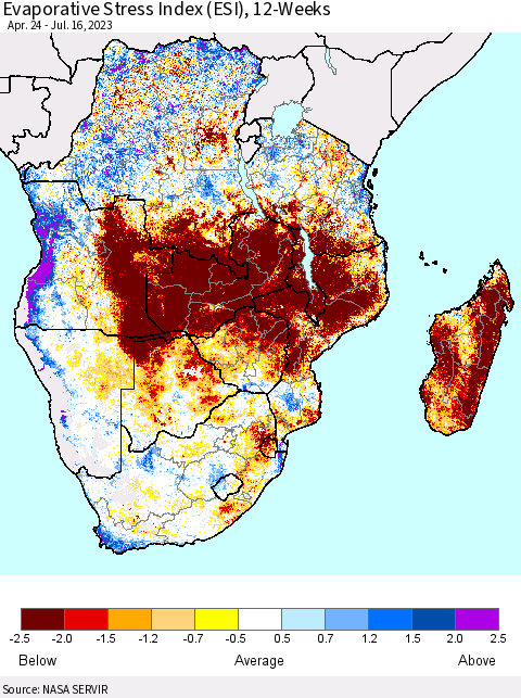 Southern Africa Evaporative Stress Index (ESI), 12-Weeks Thematic Map For 7/10/2023 - 7/16/2023