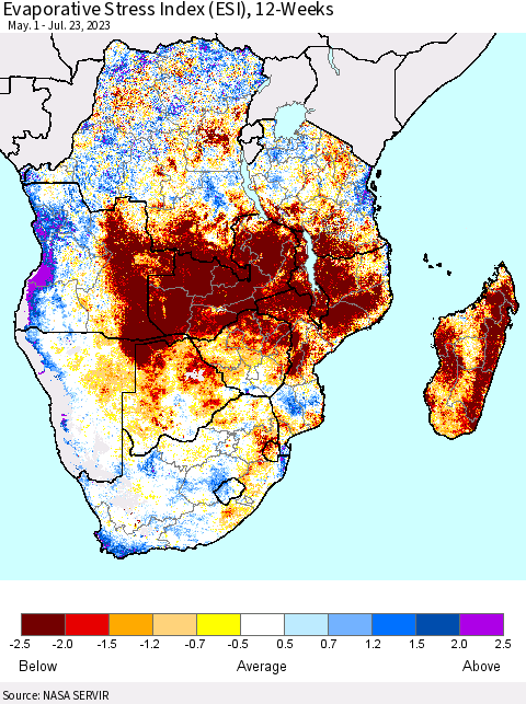 Southern Africa Evaporative Stress Index (ESI), 12-Weeks Thematic Map For 7/17/2023 - 7/23/2023