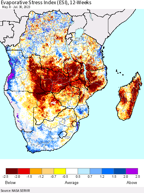 Southern Africa Evaporative Stress Index (ESI), 12-Weeks Thematic Map For 7/24/2023 - 7/30/2023