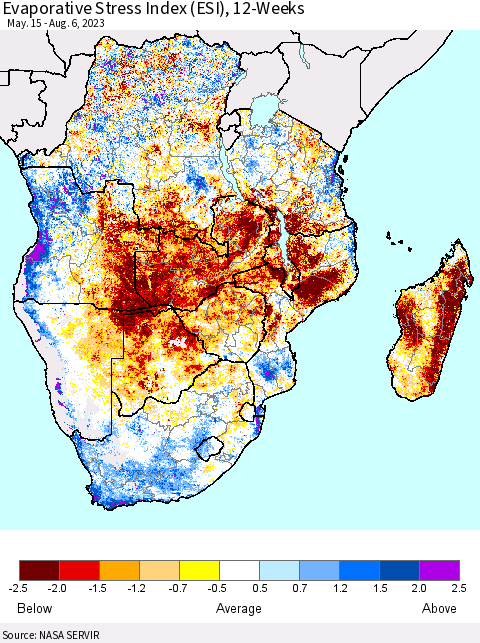 Southern Africa Evaporative Stress Index (ESI), 12-Weeks Thematic Map For 7/31/2023 - 8/6/2023