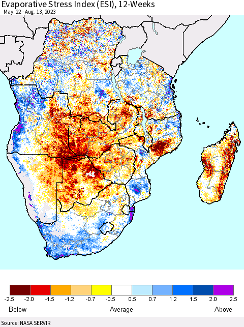 Southern Africa Evaporative Stress Index (ESI), 12-Weeks Thematic Map For 8/7/2023 - 8/13/2023