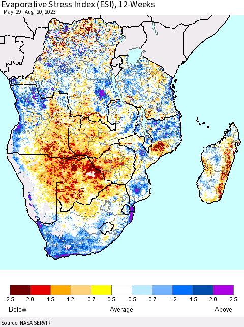 Southern Africa Evaporative Stress Index (ESI), 12-Weeks Thematic Map For 8/14/2023 - 8/20/2023