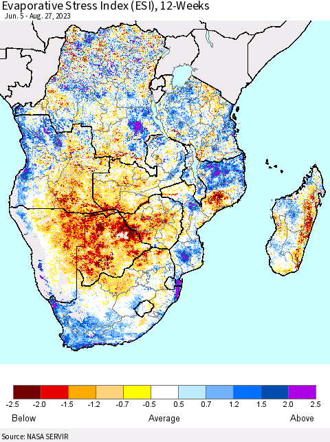 Southern Africa Evaporative Stress Index (ESI), 12-Weeks Thematic Map For 8/21/2023 - 8/27/2023
