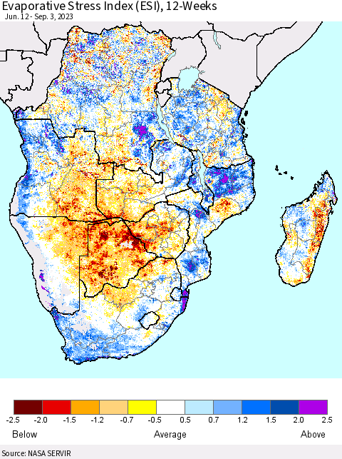 Southern Africa Evaporative Stress Index (ESI), 12-Weeks Thematic Map For 8/28/2023 - 9/3/2023