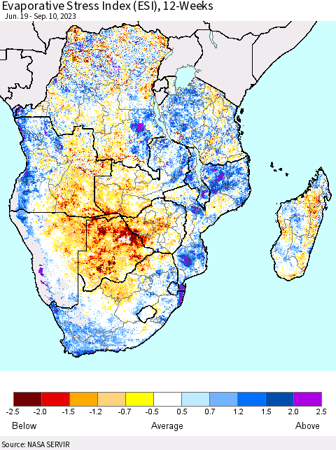 Southern Africa Evaporative Stress Index (ESI), 12-Weeks Thematic Map For 9/4/2023 - 9/10/2023