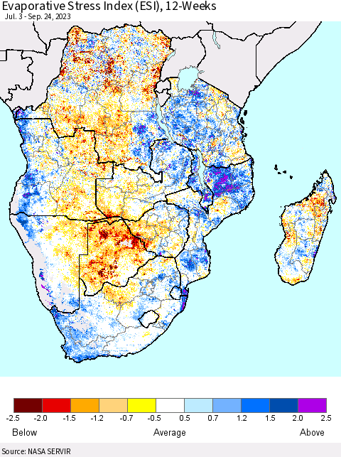 Southern Africa Evaporative Stress Index (ESI), 12-Weeks Thematic Map For 9/18/2023 - 9/24/2023