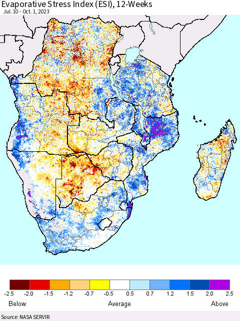 Southern Africa Evaporative Stress Index (ESI), 12-Weeks Thematic Map For 9/25/2023 - 10/1/2023