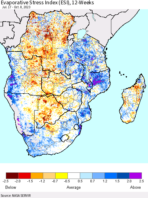 Southern Africa Evaporative Stress Index (ESI), 12-Weeks Thematic Map For 10/2/2023 - 10/8/2023
