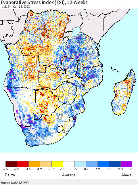 Southern Africa Evaporative Stress Index (ESI), 12-Weeks Thematic Map For 10/9/2023 - 10/15/2023