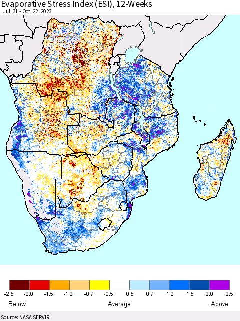 Southern Africa Evaporative Stress Index (ESI), 12-Weeks Thematic Map For 10/16/2023 - 10/22/2023
