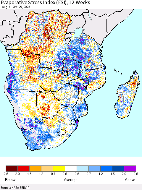 Southern Africa Evaporative Stress Index (ESI), 12-Weeks Thematic Map For 10/23/2023 - 10/29/2023